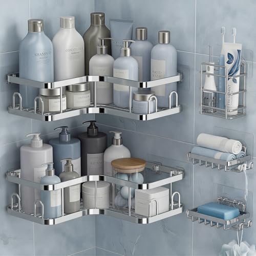 Veken Corner Shower Caddy 5-Pack, Advanced Rustproof Design, No Drilling Adhesive Shelves, Rack with Soap Holder, Large Capacity Bathroom Organizers and Storage, Wall-Mounted Kitchen&Home Decor,Silver - color: Silver, size: 5-Piece Set(2 Large+3 Small)