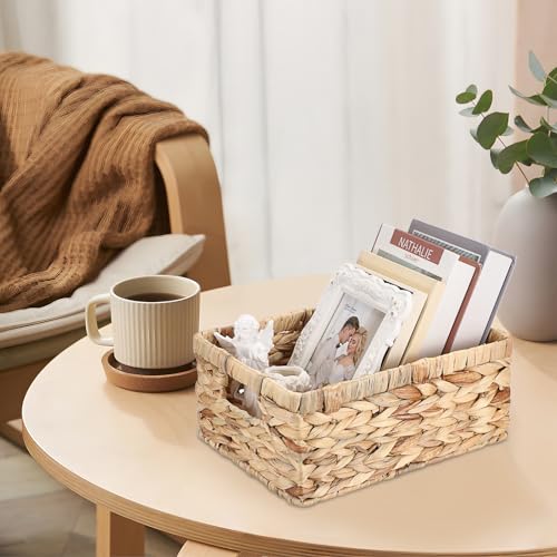 Wicker Basket for Shelf Water Hyacinth Storage Baskets with Built-in Handles Handwoven Natural Basket Bin for Bathroom Kitchen Home Decor,12 x 9 x 5 inches - size: 12"L x 9"W x 5"H