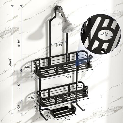 Shower Caddy Hanging, Never Rust Aluminum Shower Organizer, Over Showerhead No Drilling Shower Racks, with Soap Holder Multi Hooks Bathroom Storage for Shampoo Sponge,Silvery - color: Black