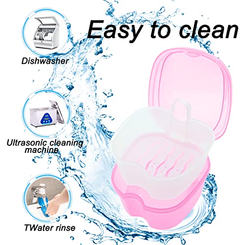 Denture Bath Case Denture Soaking Cup with Brush, Denture Holder Case Retainer Cleaning Case False Teeth Storage Box for Travel and Daily Use - color: Light Pink