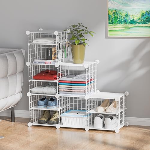 Wire Cube Storage Organizer, 6 Cubes Converted into 7 Cubes, Sturdy Metal Grids Storage Shelf Closet Shelving Units and Storage, Shelves for Bedroom LIvingroom Office - color: White, size: 6 cubes