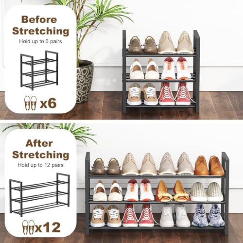 Roylvan 3-Tire Expandable Shoe Rack for Closet, 17"-31" Adjustable Free Standing Shoe Shelf Storage Fits 6-12 Pairs Shoes, Heavy Duty Reinforced Metal Shoes Organizer for Entryway Doorway Dorm