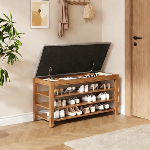 Solid Wood Shoe Bench with Storage, Flip-Top Soft-Close Lid, Adjustable Shelves, Cushioned Entryway Shoe Rack Organizer, 31.5” - size: 31.5"