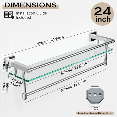 24 Inches Floating Glass Shelves for Wall with Towel Bar/Track, SUS 304 Stainless Steel Railing Tempered Glass Shelf, for Toilet, Room Decor Modern (Chrome Polished, 24-inch) - color: Chrome Polished, size: 24-inch with Railing