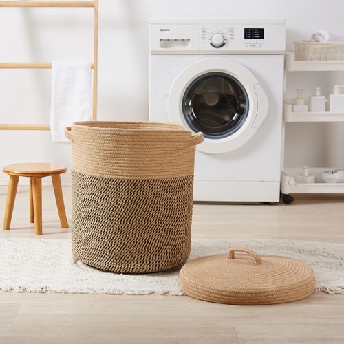 Extra Large Storage Basket with Lid 60L, 16"Wx18"H Woven Laundry Hamper Basket with Handle, Jute Rope Wicker Basket Blankets Pillows Storage in Living Room Baby Nursery, Jute/Black Mix includes Lid - color: Jute/Black Mix-16"Wx18"H