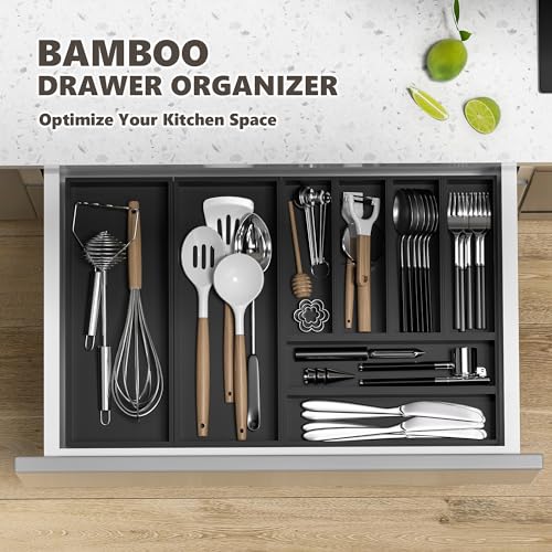 Kitchen Drawer Organizer Bins, Black Bamboo Drawer Organizer Stackable for Silverware, Utensils, Cutlery, Flatware, Junk Drawer, Dresser, Bathroom, 9" x 3" x 2.5" (Set of 2) - color: Black, size: 9 x 3 x 2.5 Inch