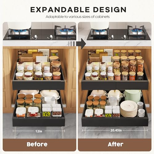 Seinloes 2 Pack Pull Out Cabinet Organizers 21"Deep with Raising Pad for Framed Cabinets,Expandable Slide Out Drawers Upgrade 3 Slide Rails,Roll Out Shelves Adhesive,Adjustable Width 12"-20.45" Black - color: Black, size: 12"-20.45"Wide x 21"Deep(2 Pack)
