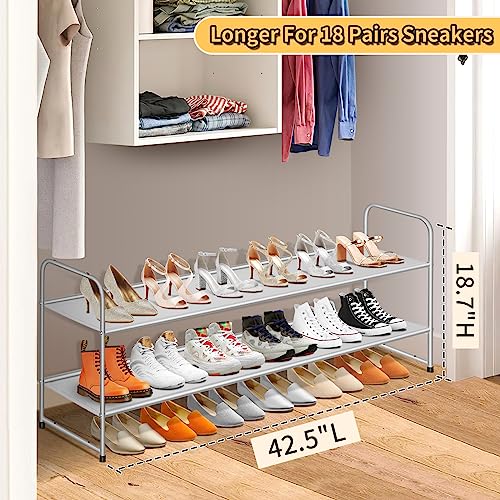 SLEEPING LAMB 2-Tier Long Shoe Rack Organizer for Closet, Stackable Wide Shoe Shelf Holds 18-Pairs Low Shoe Storage for Bedroom, Floor, Entryway (Grey) - color: Grey, size: 11.4 x 42.5 x 18.7
