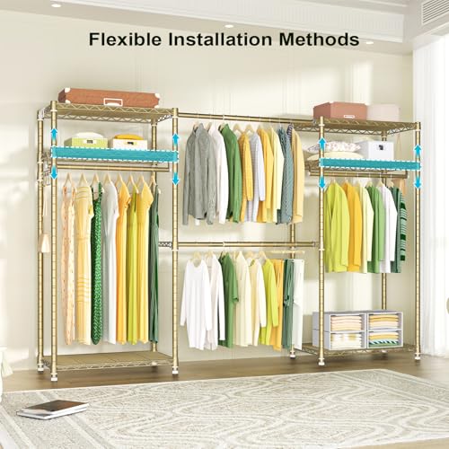 Ulif E1 Heavy Duty Closet Garment Rack, 6 Tiers Adjustable Metal Freestanding Expandable Clothing Storage with 4 Hanger Rods, Easy to Assemble Wardrobe, 71.4" H x (70" - 88.2") L x 14" D, Gold - color: Gold