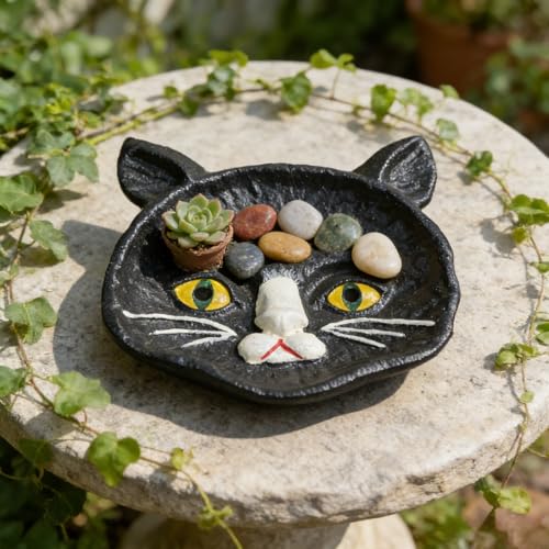 Black Cat Cast Iron Key Dish, Decorative Hand-Painted Key Holder Tray, Multi-Purpose Rustic Storage Organizer Tray for Keys, Jewelry & Small Accessories, Ideal for Entryway
