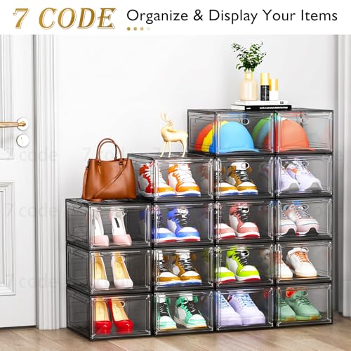 7 code Thicken & Sturdy Clear Shoe Storage Organizer with Magnetic Door, Stackable Boxes for Closet, Foldable Shoe Rack for Sneaker Boot Container, Plastic Shoe Cabinet Shoe Box 6 Pack, Black - color: Black, size: 6 pcs