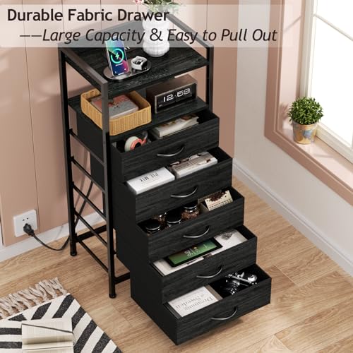 Furnulem Night Stand with Charging Station, Tall Black Dresser for Bedroom, Nightstand with Led Light, Bed Side Table for Living Room, Fabric Storage Drawer, Metal Frame, Wood Furniture - color: Black Oak, style: 5 Drawer