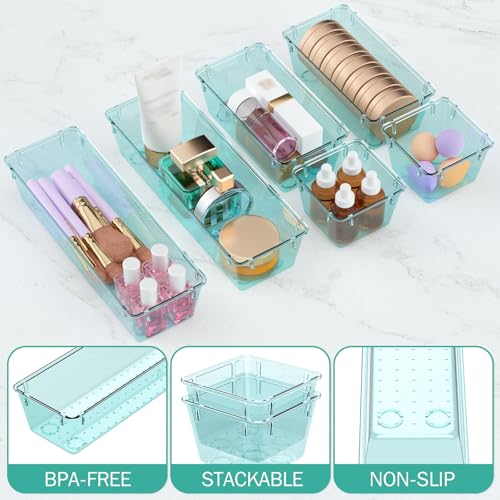 WOWBOX 6 Pack Clear Drawer Organizer Set, Acrylic Drawer Storage Trays, Storage Bins for Makeup, Cosmetics, Jewelries, Utensils, Gadgets, Office, Sea Blue - color: Sea Blue, size: 6 PCS