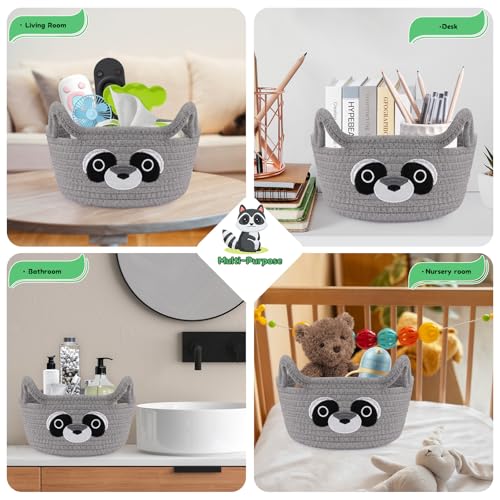 Small Storage Basket for Nursery, Raccoon Storage Basket, Round Woven Rope Cotton Storage, Baby Blanket 0rganizer with Ears Handles, Animal Blanket Towel Decor Storage Bins, 8.2"D x 4.7"H in - color: Grey, size: 9"D × 5 "H