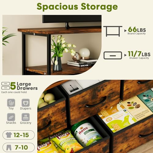 Simple Deluxe TV Stand Dresser for Bedroom Entertainment Center with 5 Fabric Drawers, Storage Organizers Units for Living Room, Media Console Table with Open Shelf up for 45" TV, Rust, Wood top - color: Rust, size: 39.3"D x 11.8"W x 31.8"H (5 Drawers)