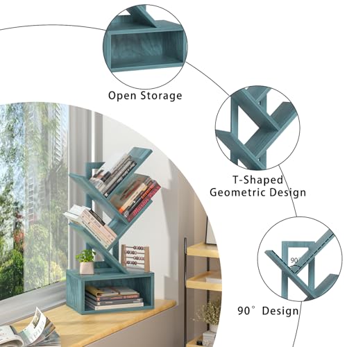 SHEEPAM Small Tree Book Shelf,5 Tier Black Tree Bookshelf,Blue Desktop Bookcase,Modern Desk Display Storage Bookshelves,Floor Standing Organizer Bookcases for Living Room,Bedroom,Office-Blue - color: Navy Blue, size: 5 Tier
