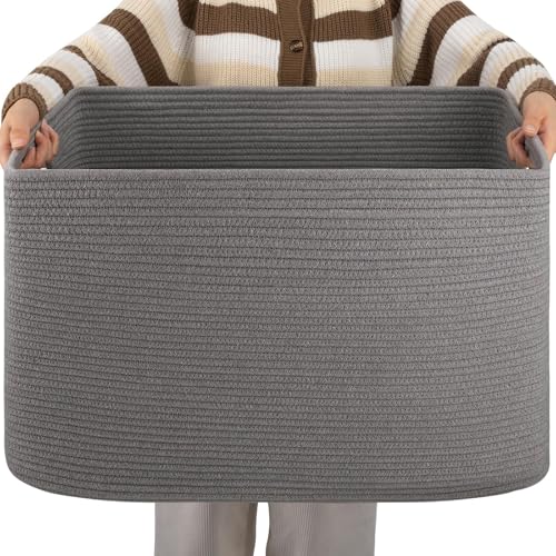 OIAHOMY XXLarge Rectangle Blanket Basket-96L, Cotton Woven Basket for Storage, Dirty Clothes Basket for Living Room, Nursery, Bedroom, Toy Organizing with Handle, 24" x 16" x 15", Dark Grey - color: Dark Grey, size: 24”x16”x15”