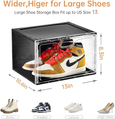 Amllas New 8 Pack Shoe Boxes Stackable, Large Shoe Storage Organizer with Lids,Drop Side Shoe Containers for Entryway,Sneaker Storage Fit up to US Size 13 for Men/Women(13’’x 10.6”x 8.3”) - color: Clear and Black