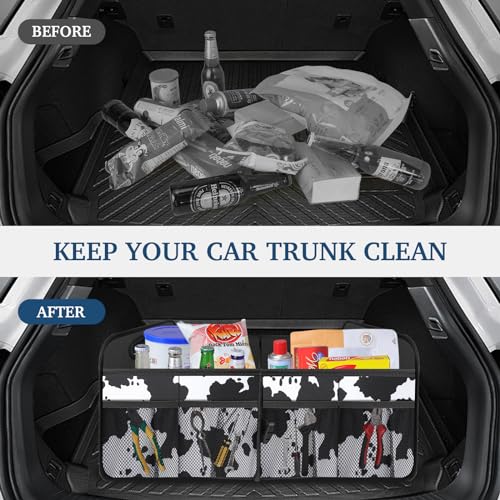 Femuar Car Trunk Organizer, Cow Print, Vintage Style, 52L Capacity, 4 Compartments, Waterproof, Non-Slip, Collapsible, 22.5"D x 18"W x 10.8"H - color: Cow print, size: Standard