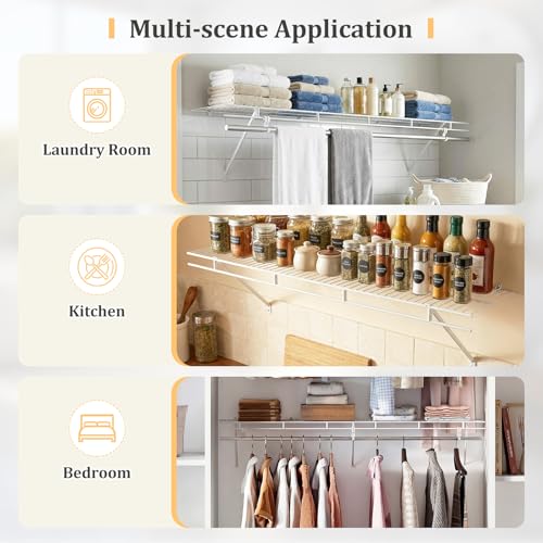 Giantex Closet Shelf with Hanging Rod, 4 ft Wall Mounted Wire Shelving Kit with Storage Shelf & Clothes Rod, Ventilated Metal Wall Shelf Organizer for Laundry Room, Closet, Bedroom, White - size: 4 ft