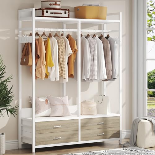 Tribesigns Freestanding Closet Organizer for Hanging Clothes, Heavy Duty Garment Rack with 4 Drawers, 8 Hooks and Storage Shelves, Wardrobe Closet Clothing Rack for Bedroom, Living Room, White Walnut - color: White Walnut