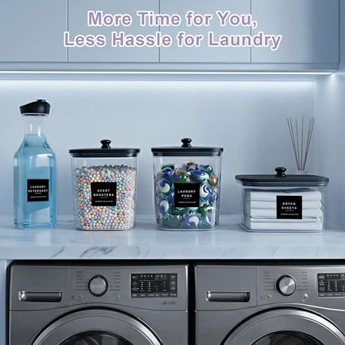 POLRAI Laundry Pod Containers and Dryer Sheet Holder and Laundry Detergent Dispenser Clear Laundry Room Organization and Storage with Wooden Lids Labels and spoon （2+1+1 Pack）