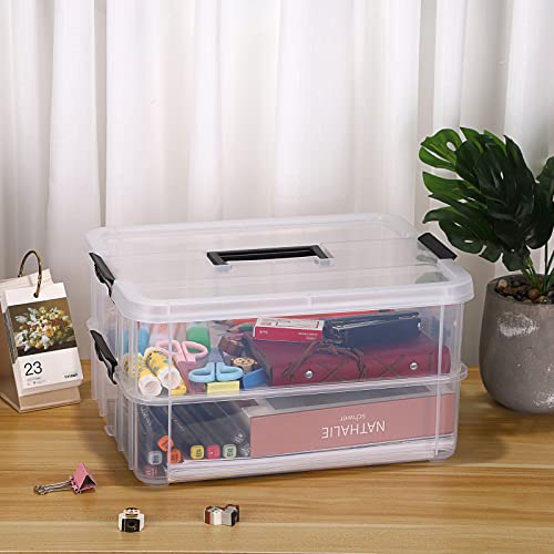 BTSKY 2 Layer Stack & Carry Box, Plastic Multipurpose Portable Storage Container Box Handled Organizer Storage Box for Organizing Stationery, Sewing, Art Craft, Jewelry and Beauty Supplies Black - color: Black