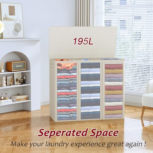 195L Laundry Hamper 3 Section,Large Laundry Hamper with Lid,Dirty Clothes Hamper with 3 Inner Bags,Collapsible Laundry Basket Organizer for Laundry Room,Bedroom,Laundry Sorter Hamper 3 Compartment - color: Beige, size: 195L