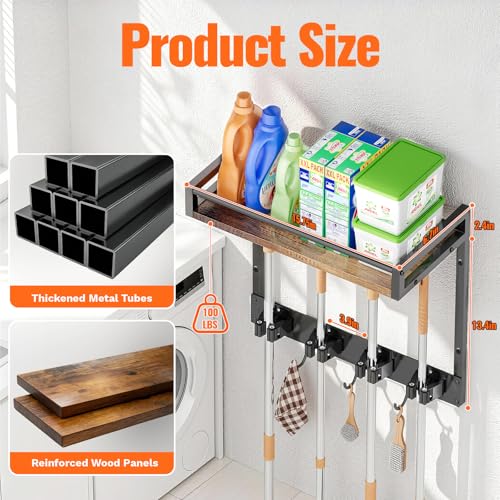 Broom Holder Wall Mount with Shelf Load 66LBS Broom and Mop Organizer Wall Hanging Broom Hanger with 4 Mop Hanger Grippers, 3 Hooks for Laundry Room, Garage, Utility Closet, Kitchen, 1 Pack - style: 1 Pack