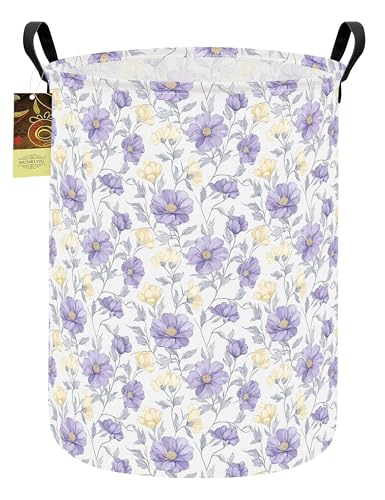 Collapsible Fabric Storage Basket, Waterproof Laundry Hamper with Handles, Round Storage Bin for Clothes Toys, Foldable Organizer for Bedroom Nursery Bathroom(Round-Purple Flowers) - color: Round-Purple Flowers