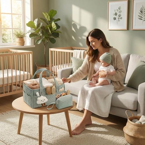 PeraBella Baby Diaper Caddy Organizer, Baby Basket Shower Gift, Portable Changing Table Basket, Postpartum Caddy & Tote Bag Pouch, Newborn Boy & Girl Nursery Essentials Registry, Car Diaper Organizer - color: Sage Green