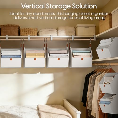 Homsorout Collapsible Hanging Closet Organizer - 3 Tier Closet Shelves Storage System with Hooks, Fabric Hanging Storage Bins for Clothes, Foldable Storage Basket for Laundry, Bedroom, Rv, White - color: White, size: 3 shelves