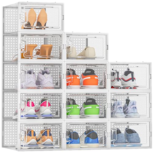 HOMIDEC Shoe Storage, 12 Pack Shoe Organizer for Closet, Shoe Boxes Clear Plastic Stackable Shoe Containers with Lids for Size 10 - color: White, size: L