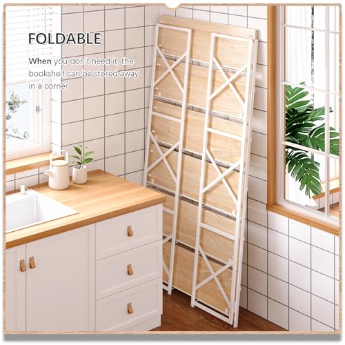 4NM Extra Wide 6 Tiers No Assembly Book Shelves, 61.8" H Folding Bookshelf Bookcase Open Industrial Foldable Shelves for Bedroom, Living Room, Home Office - Natural White - color: Natural White, size: Wide XX 6-Tier