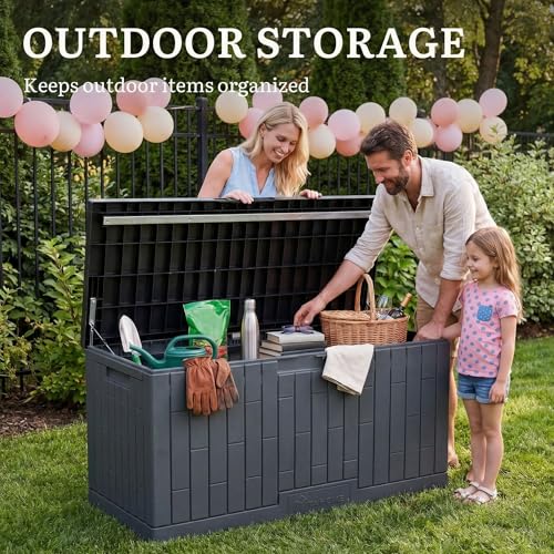 YITAHOME Large Outdoor Storage Box, 120 Gallon Waterproof Resin Deck Box w/Slide-Locking Black Lid, Patio Storage Bin and Bench Seat for Garden Tools, Cushions &Pool Supplies, Easy Assembly, Dark Gray - color: Dark Gray, size: 120 Gallon, style: Deck Box