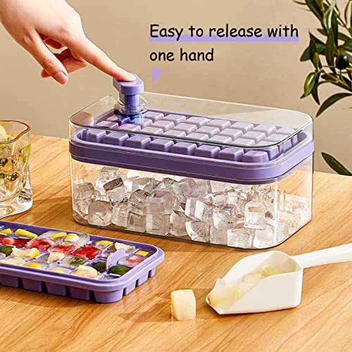 Ice Cube Tray with Lid and Bin for Freezer, 2 Pack, 64 Pcs Ice Cube Mold (Purple) - color: Purple