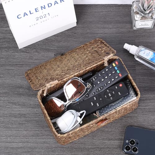 Sumnacon Small Wicker Basket with Lid Rectangle Woven Baskets for Toiletries Tampon Storage,Wicker Storage Basket with Lid,Decorative Seagrass Storage Baskets for Shelf Bathroom Toilet Table, Coffee - color: Coffee, size: X-Small