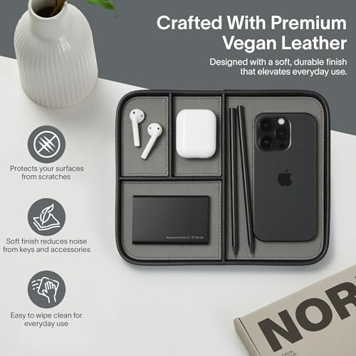 Nordik Leather Valet Tray - Pebble Black - 9.5 x 7.9 Inch Medium Vegan Leather Tray - Stylish Nightstand Organizer for Men - Modern Bedside Caddy - EDC Catchall for Key Watch Wallet Jewellery - color: Pebble Black, size: 9.5in x 7.9in