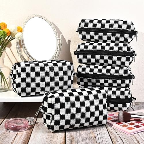 SOIDRAM Checkered Makeup Bag Preppy Cosmetic Bag Bulk Black Makeup Pouch Personalize Travel Toiletry Bag Organizer Cute DIY Makeup Brushes Storage Bag for Women - color: Black, size: 6 Pack