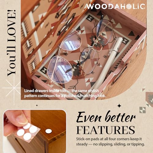 Boho Navajo Wooden Desk Organizer with Drawers – 4-Drawer Desktop Storage Box – Rustic Tribal Wood Desk Organizer for Office, Vanity, or Craft Supplies – Compact & Stylish Wooden Storage Drawers - color: Light Tribal Boho