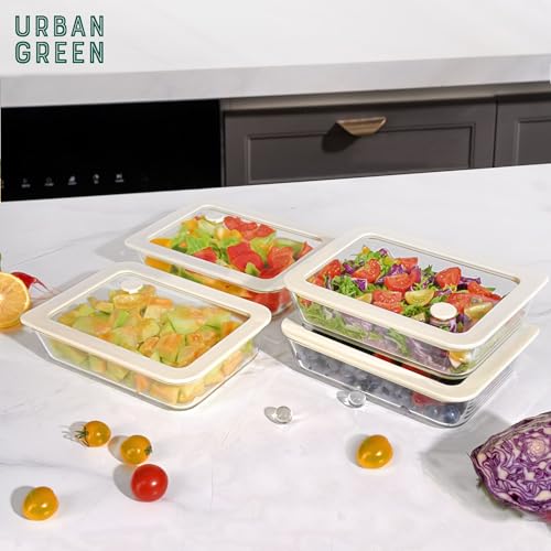 Urban Green Glass Food Container Set with Glass Lid, 4 Pack, Food Storage Containers Set, Airtight, LeakProof, 100% Plastic Free, Meal Prep Containers (White Color) - color: White Sand - 4P