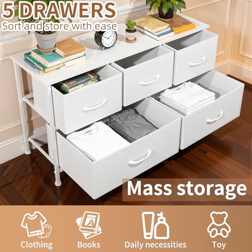 SHAWKEN Dresser for Bedroom with 5 Drawers,Fabric Dresser with One-Piece Steel Frame,Budget-Friendly Organizer for Closet, Hallway, Studio Apartment (Leather White) - color: Leather White