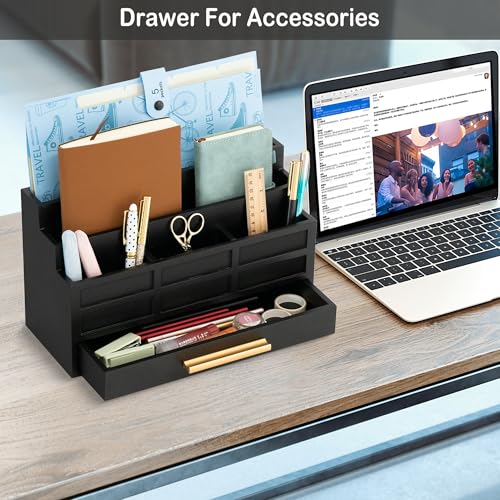 dreampossible Black Wood Desk Organizer and Accessories with Drawer, Bill Mail Organizer and File Mail Holder for Office Supplies, Rustic Desk Accessories & Workspace Organizers for Desk Organization - color: Black B