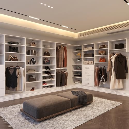 Modular Closet System, 78" Wide Closet Organizer System with Towers and Hanging, Wood Closet Tower Storage for Walk In Closets, Wall Mounted Wardrobe Organizer Kit System, Bedroom, White - color: White, size: 78" Wide, style: Tall Hanging + Double Hanging