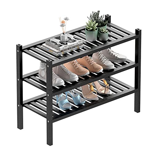 ROMGUAR CRAFT 3 Tier (Thick) Bamboo Shoe Rack for Entryway, Small Wood Shoe Shelf Storage Organizer for Closet, Shoe Stand for Hallway, Stackable and Sturdy 27"x12"x21" Black - color: Black, size: 3 Tier(Thick)