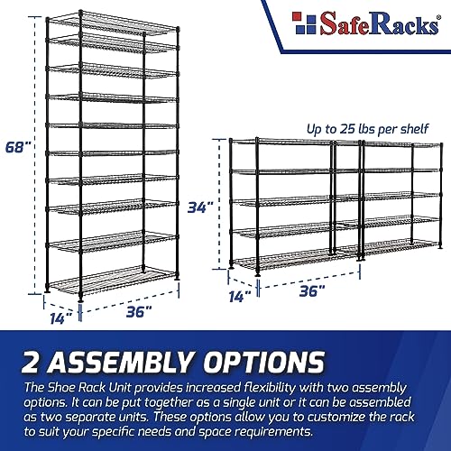 SafeRacks 10-Tier Shoe Rack - Black, Large Shoe Storage Organizer, 60 Pair, Heavy Duty Shoe Stand with Vertical Free Standing Shoe Shelf, Perfect for Entryway, Closet, Garage, & Bedroom Storage - color: Black, size: 14"x36"x68" 10-Tier
