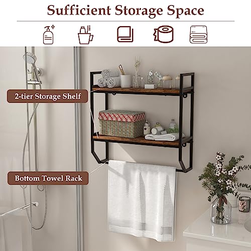 GOFLAME 2-Tier Industrial Bathroom Shelves with Towel Bar, Over the Toilet Shelf Wall Mounted with Metal Frame, Wall Storage Organizer Shelf for Bathroom, Living Room, Kitchen, Rustic Brown
