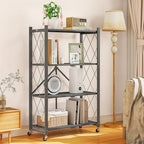 Fenbeli 4-Tier Folding Metal Storage Shelf with Wheels, No Assembly Organizer Rack, Heavy Duty Collapsible Shelving Unit for Garage, Kitchen, Basement, Pantry, Living Room(New Upgrade - Gray, 4 Tier)