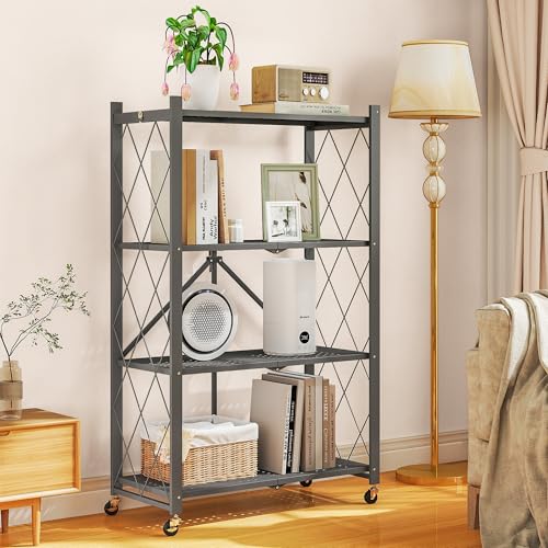 Fenbeli 4-Tier Folding Metal Storage Shelf with Wheels, No Assembly Organizer Rack, Heavy Duty Collapsible Shelving Unit for Garage, Kitchen, Basement, Pantry, Living Room(New Upgrade - Gray, 4 Tier)