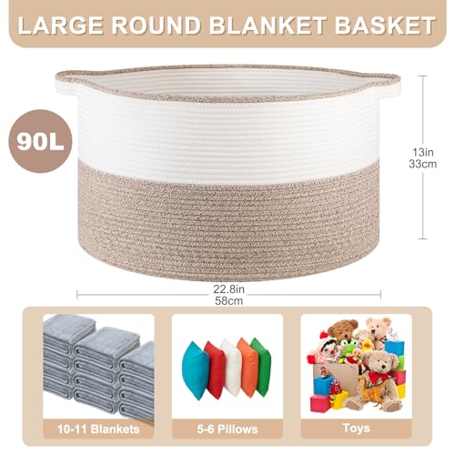 OIASKET Large Blanket Basket with Handles, 22.8" x 22.8" x 13" Woven Storage Basket for Living Room, Cotton Rope Baby Toy Storage for Clothes, Pillows, Towels-Brown & White - color: Brown & White, size: 90L